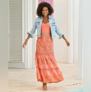 Boston Proper orange and gold eyelet tiered maxi skirt